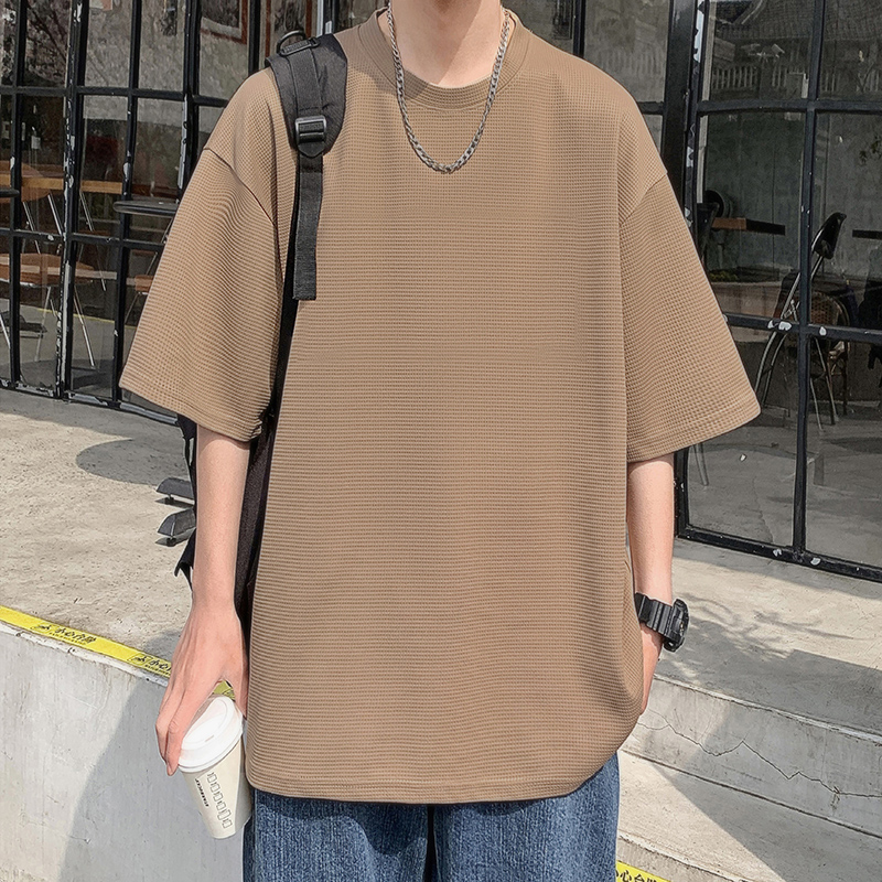 無地 Tシャツ 凹凸織り ワッフル風 ゆったり半袖シャツ