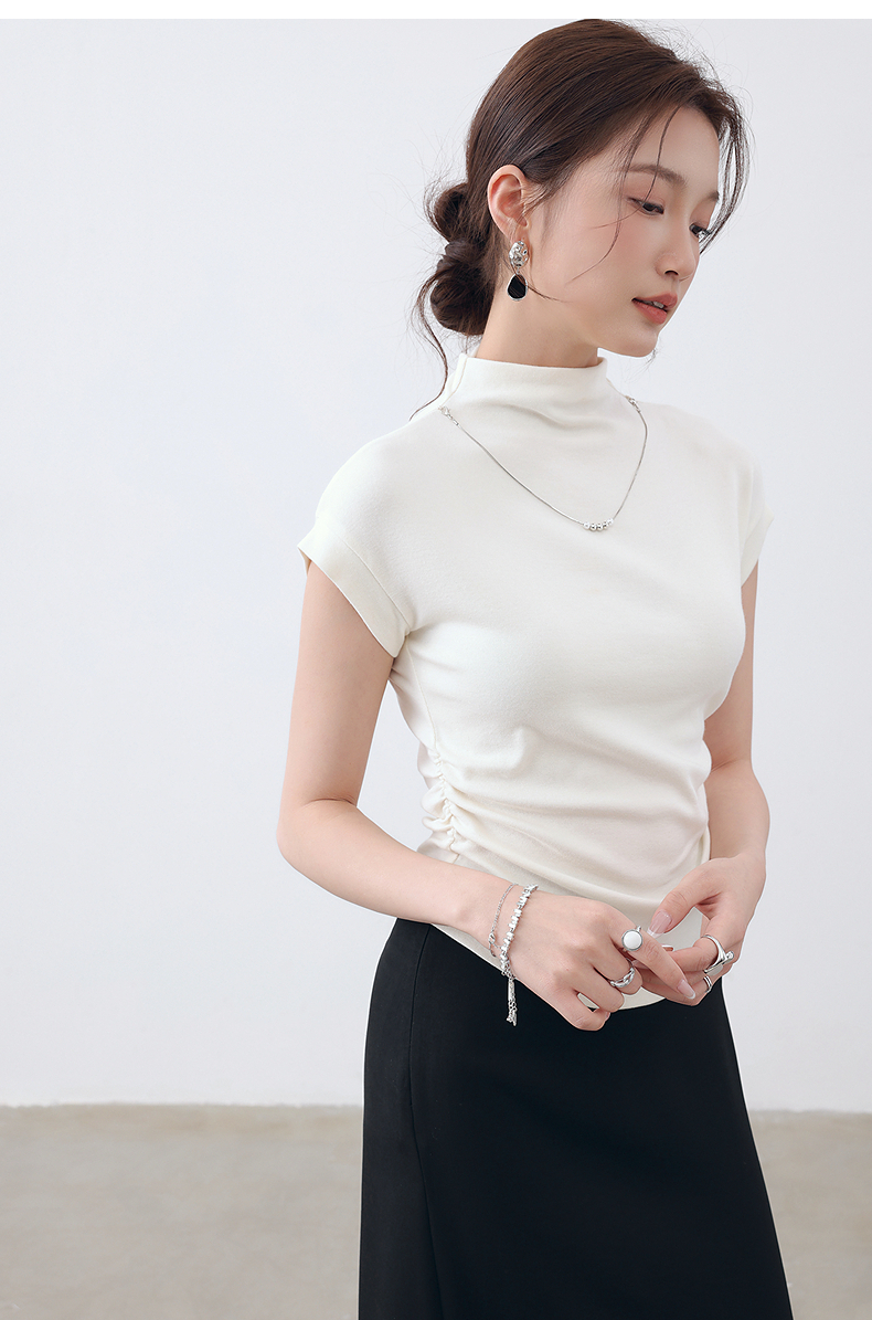 無地 Tシャツ すっきりハイネック無地フレンチ袖