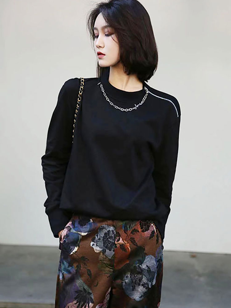 無地 Tシャツ チェーンネックレス付き長袖無地シャツ