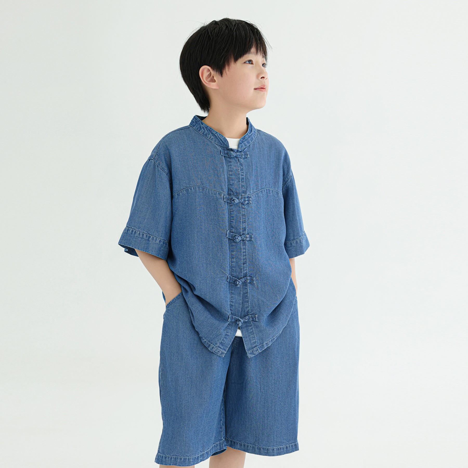 無地シャツ 中華風デニムシャツ 