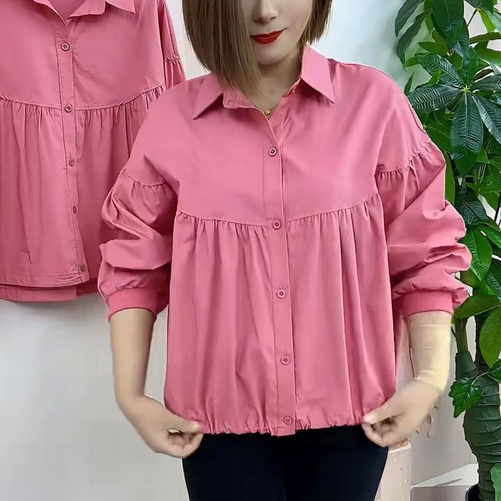 無地 シャツ ふんわりギャザー襟付きシャツ