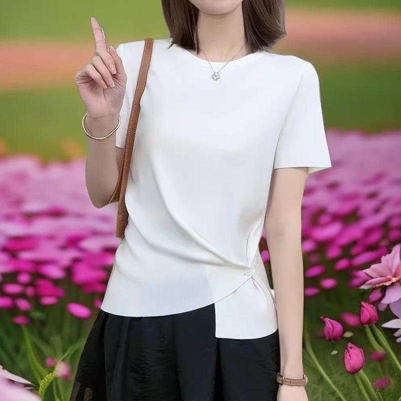 無地 Tシャツ サイドリボン ドレープ 半袖カットソー