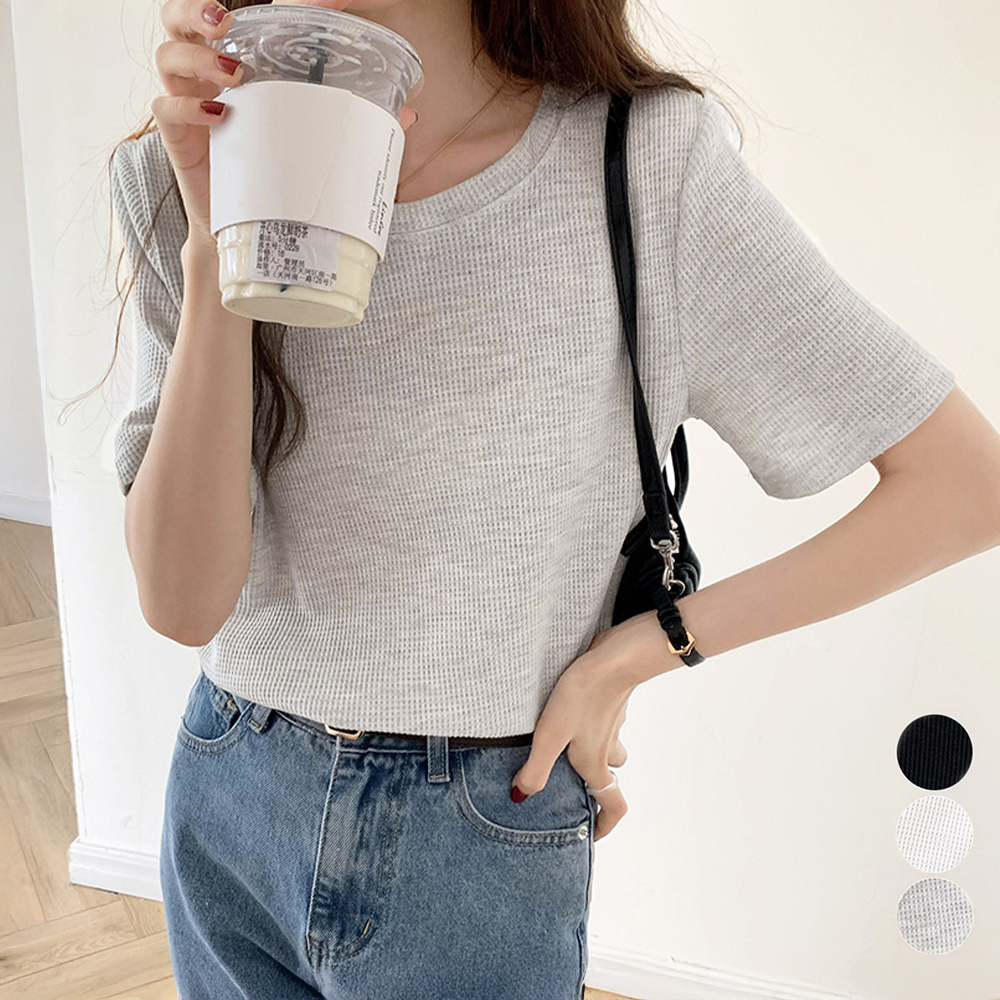 無地 Tシャツ レディース半袖ワッフル生地無地Tシャツ