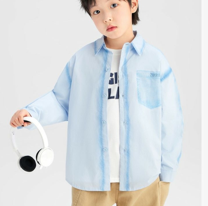 無地シャツ キッズ　やわらか素材シンプル長袖ポケットシャツ
