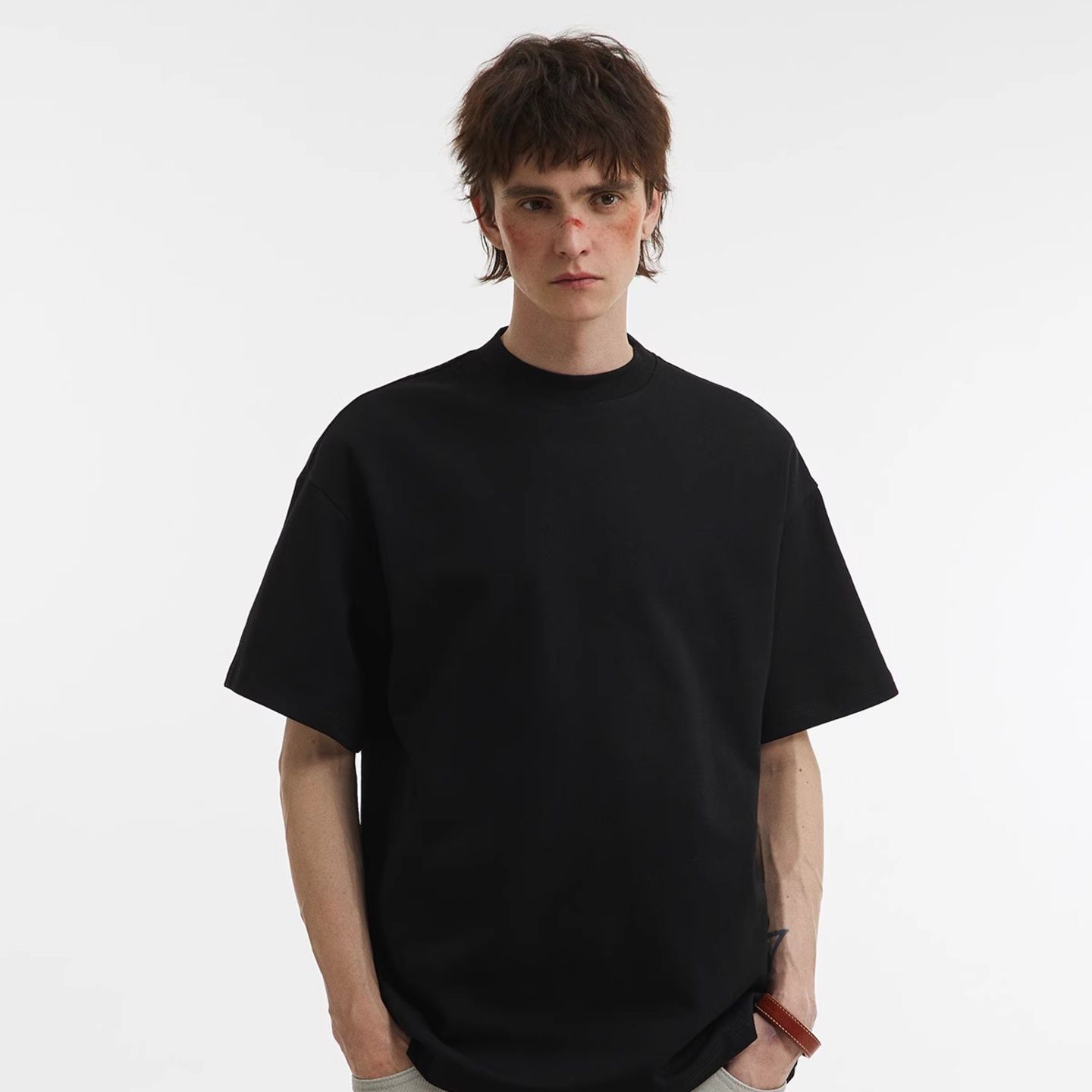 無地 Tシャツ モックネックゆったり半袖無地シャツ