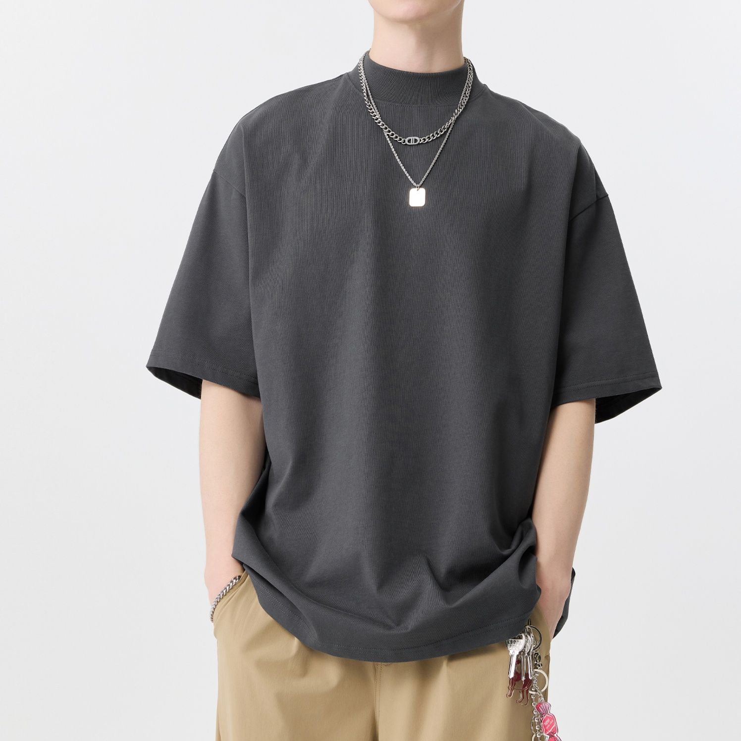 無地 Tシャツ モックネック ゆったり半袖