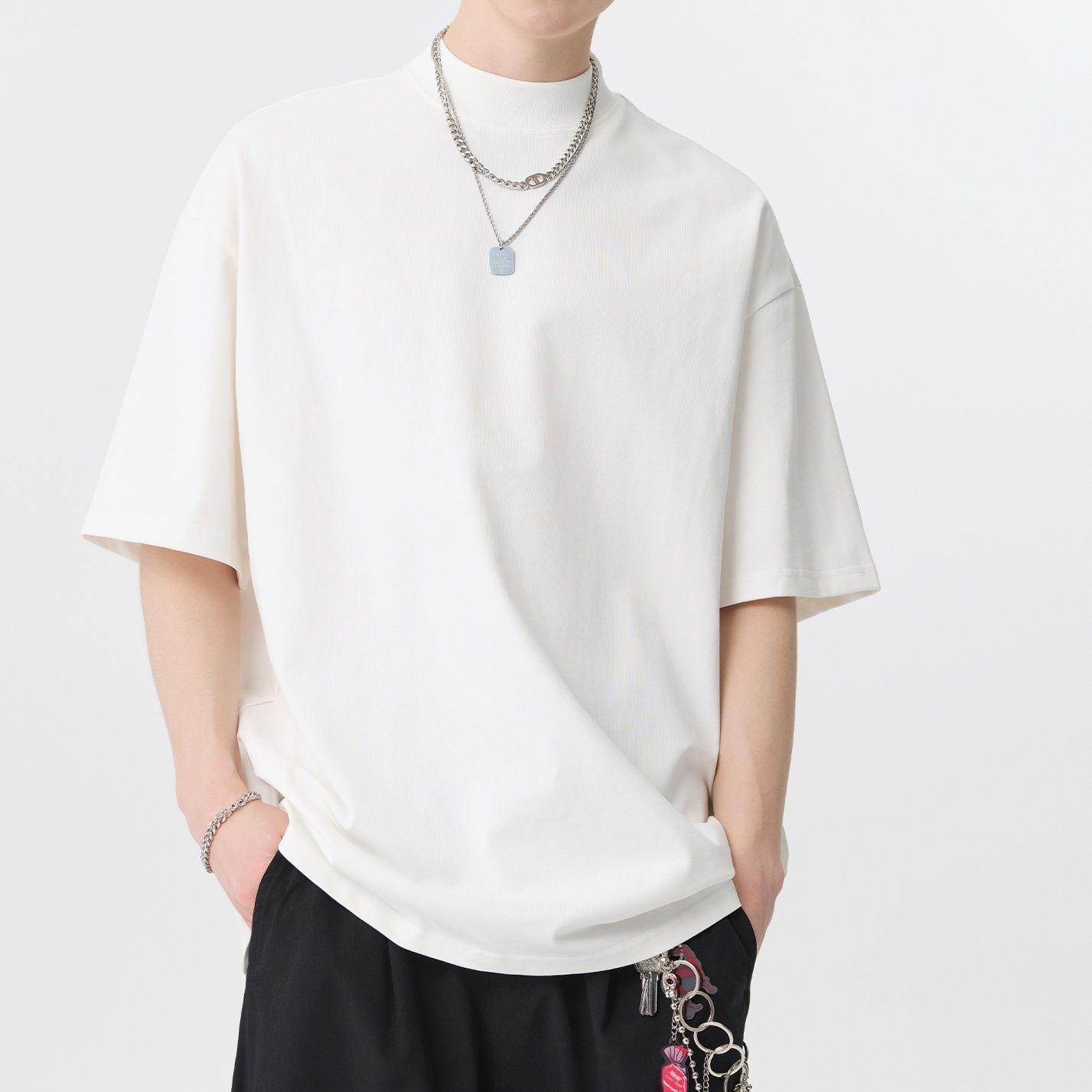 無地 Tシャツ モックネック ゆったり半袖