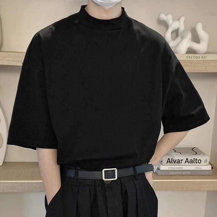 無地 Tシャツ スタンドカラー ビッグシルエット 半袖