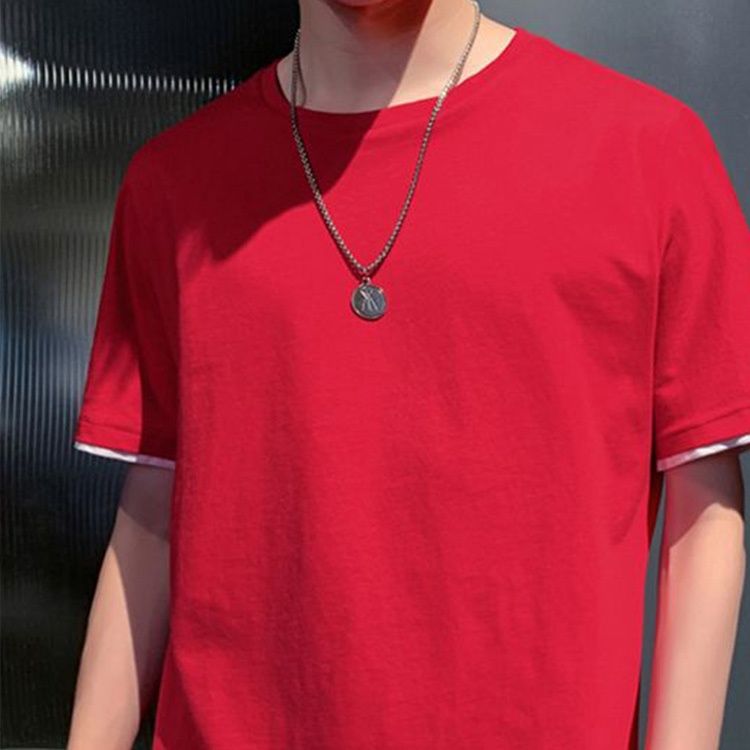 無地 Tシャツ 重ね着風裾ライン無地半袖