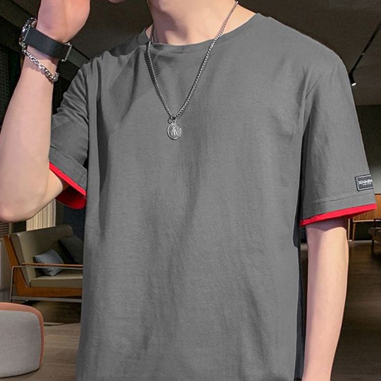 無地 Tシャツ 重ね着風裾ライン無地半袖