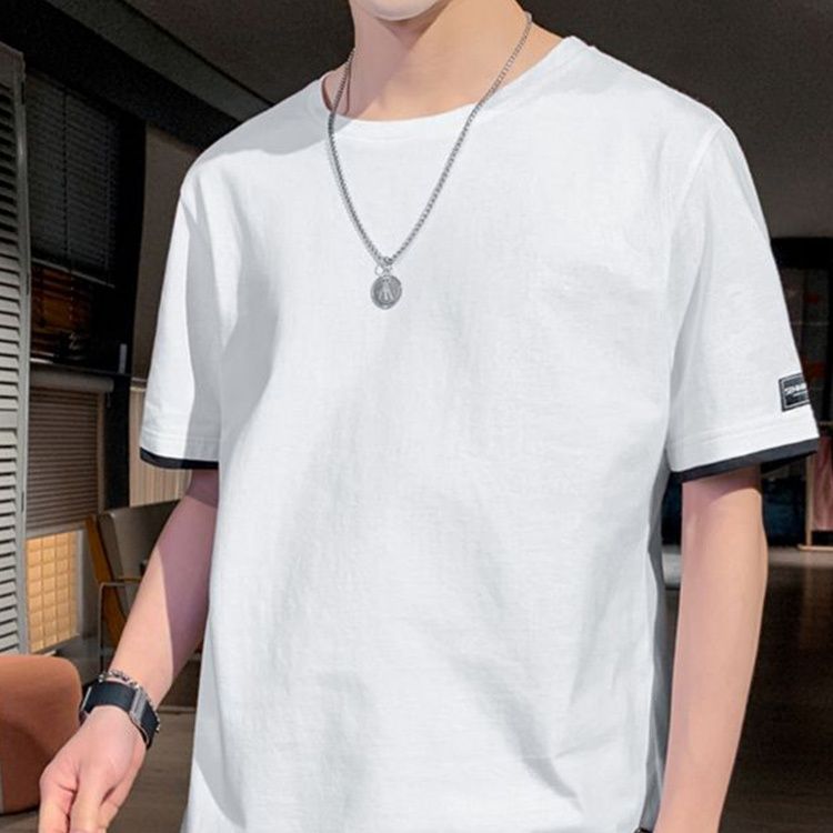 無地 Tシャツ 重ね着風裾ライン無地半袖