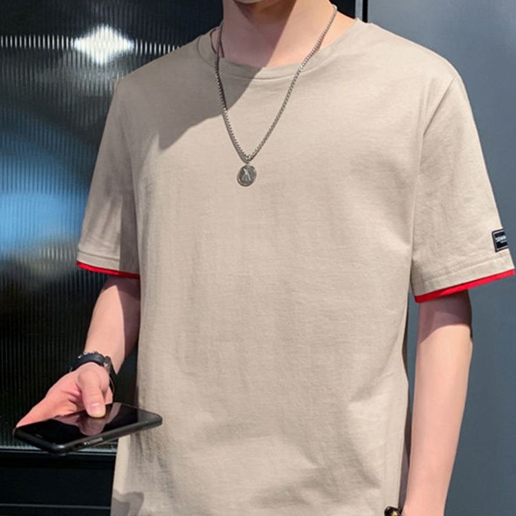 無地 Tシャツ 重ね着風裾ライン無地半袖