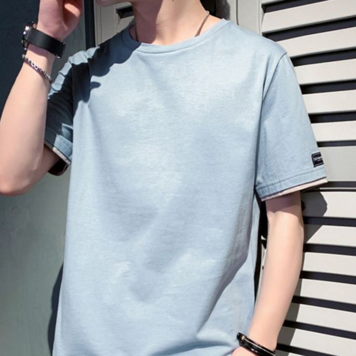 無地 Tシャツ 重ね着風裾ライン無地半袖