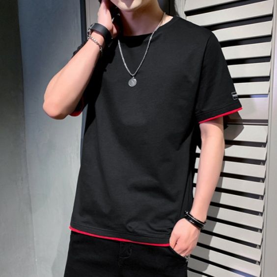 無地 Tシャツ 重ね着風裾ライン無地半袖