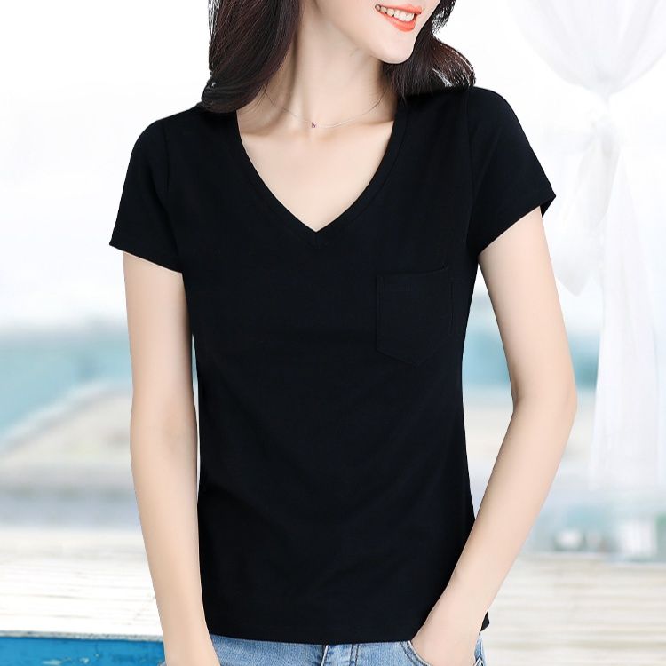 無地 Tシャツ 胸ポケット付き Vネック シンプル半袖