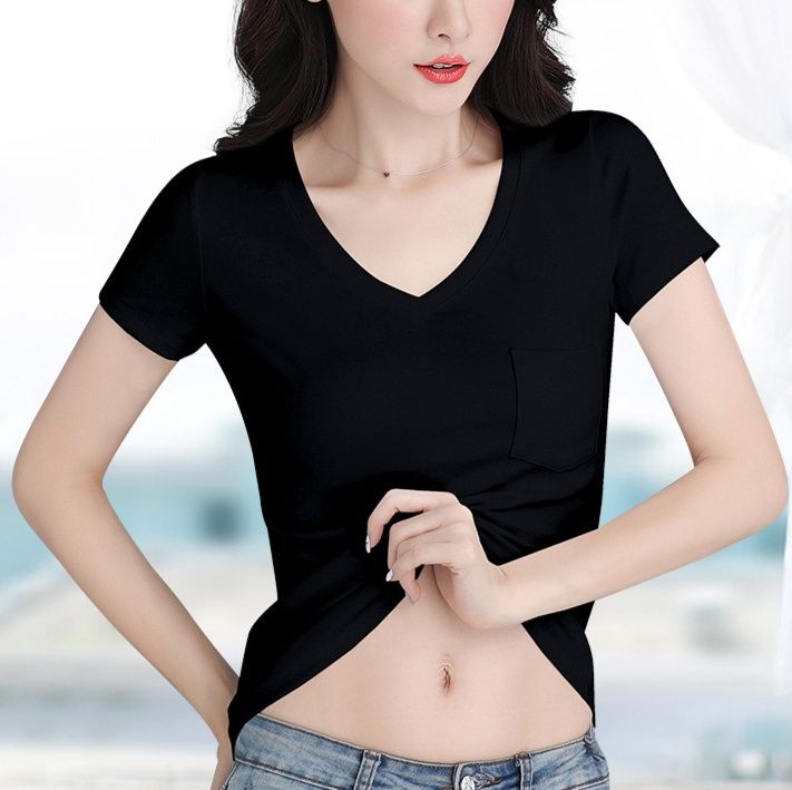 無地 Tシャツ 胸ポケット付き Vネック シンプル半袖