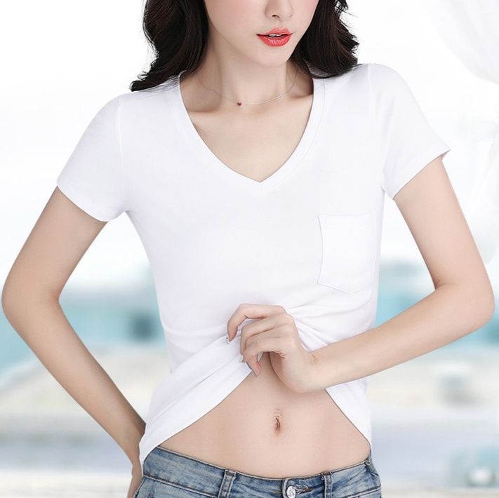 無地 Tシャツ 胸ポケット付き Vネック シンプル半袖