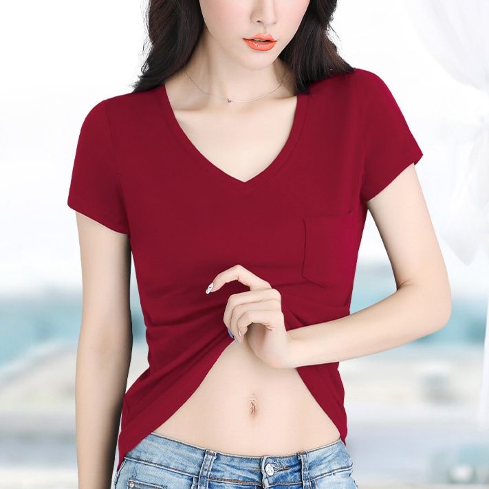 無地 Tシャツ 胸ポケット付き Vネック シンプル半袖