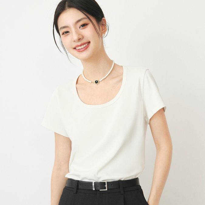 無地 Tシャツ なめらか曲線 ラウンドネック半袖