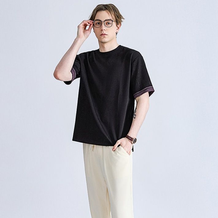 無地 Tシャツ 袖口彩りシンプル無地半袖