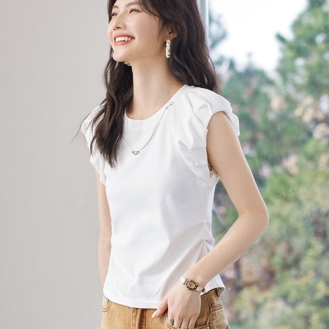 無地 Tシャツ 肩フリル デザイン 上質 無地Tシャツ