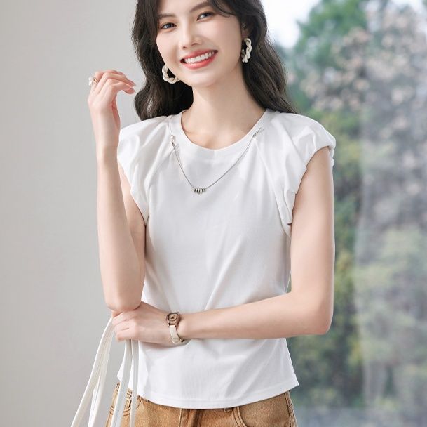無地 Tシャツ 肩フリル デザイン 上質 無地Tシャツ