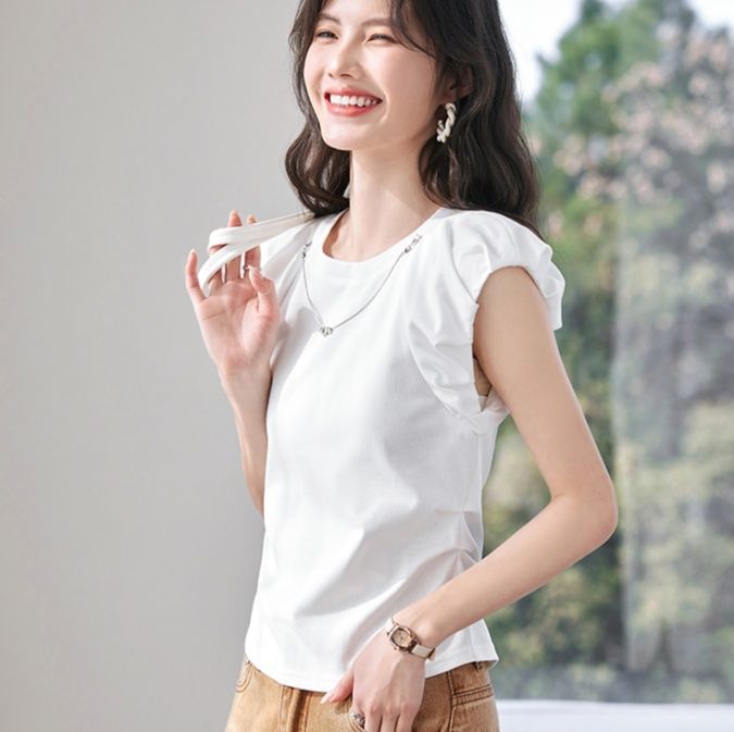 無地 Tシャツ 肩フリル デザイン 上質 無地Tシャツ