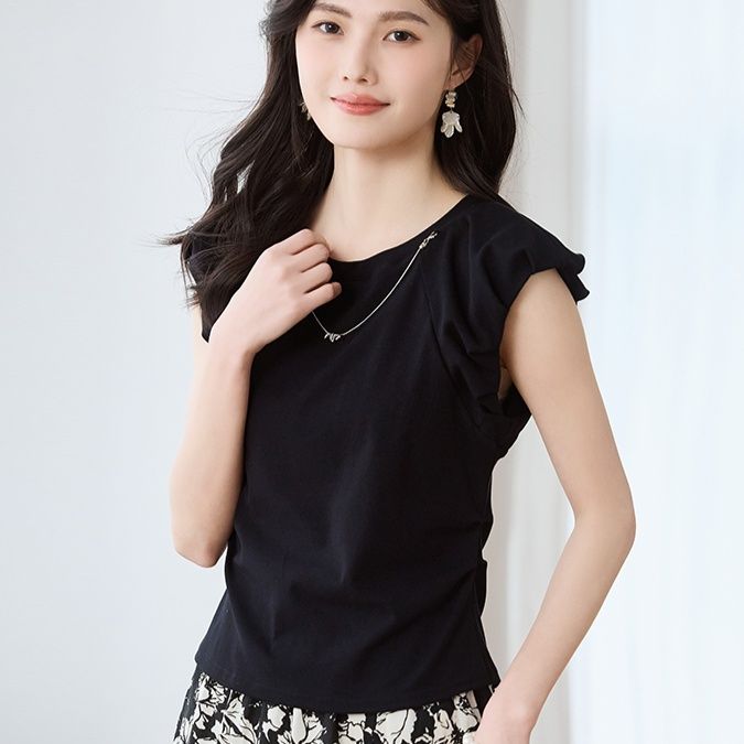 無地 Tシャツ 肩フリル デザイン 上質 無地Tシャツ