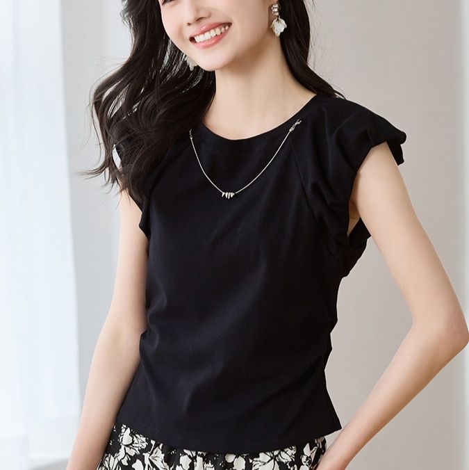 無地 Tシャツ 肩フリル デザイン 上質 無地Tシャツ