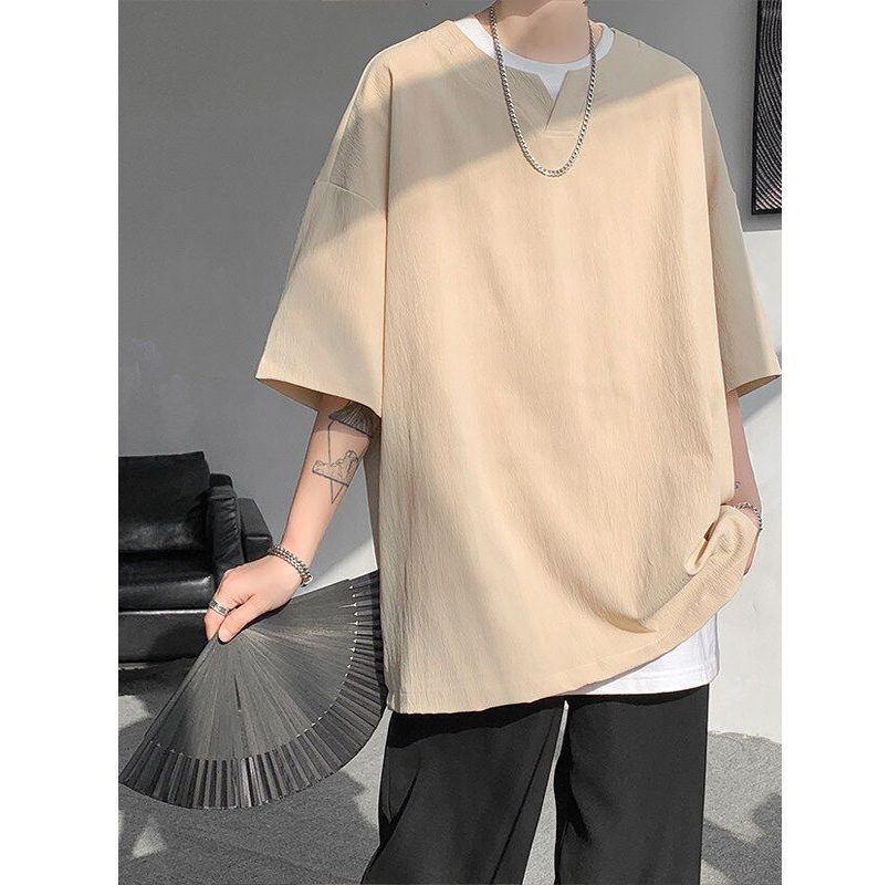 無地 Tシャツ 涼風キーネック五分袖シャツ