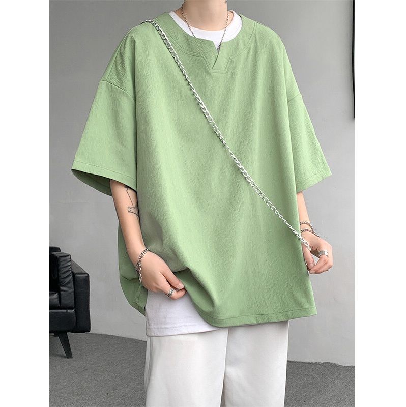 無地 Tシャツ 涼風キーネック五分袖シャツ