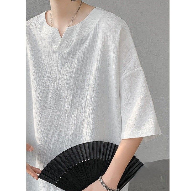 無地 Tシャツ 涼風キーネック五分袖シャツ