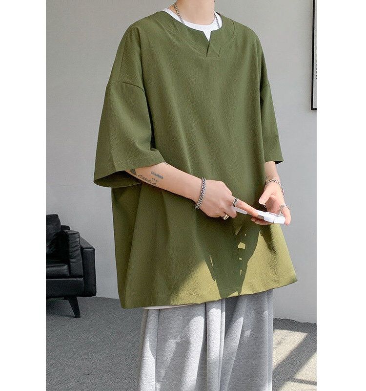 無地 Tシャツ 涼風キーネック五分袖シャツ