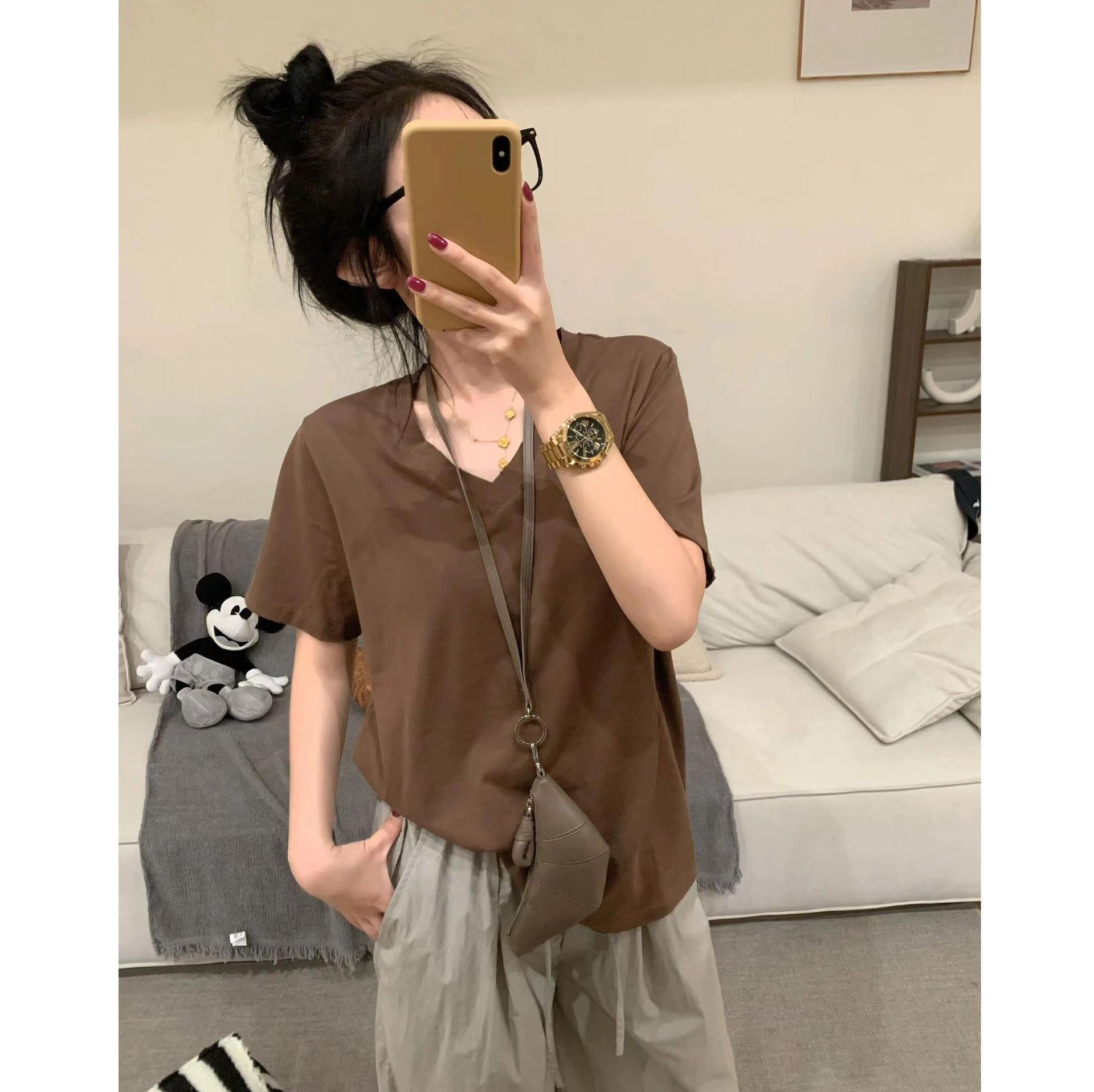 無地 Tシャツ レトロスタイル Vネック 半袖 Tシャツ