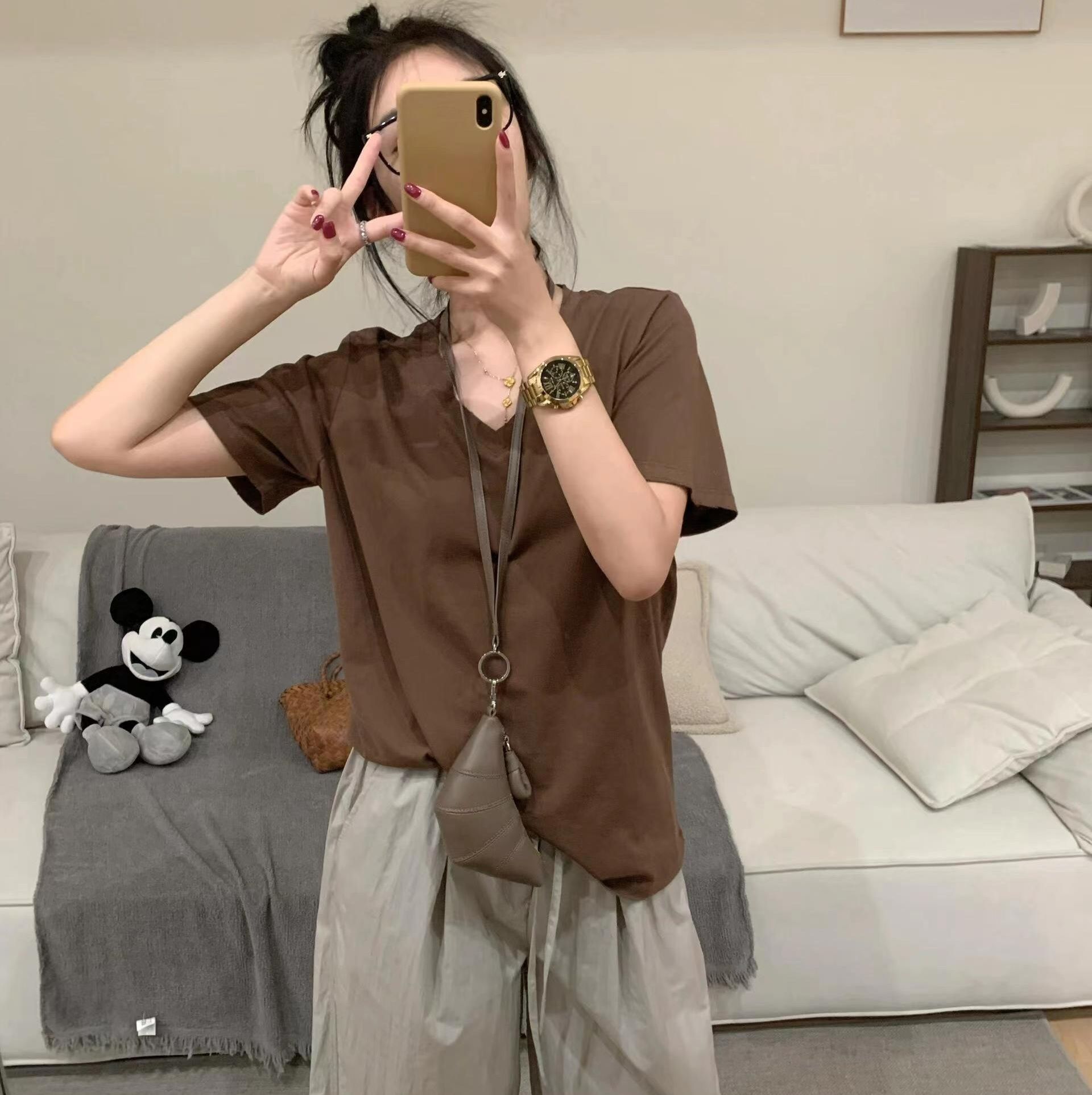 無地 Tシャツ レトロスタイル Vネック 半袖 Tシャツ