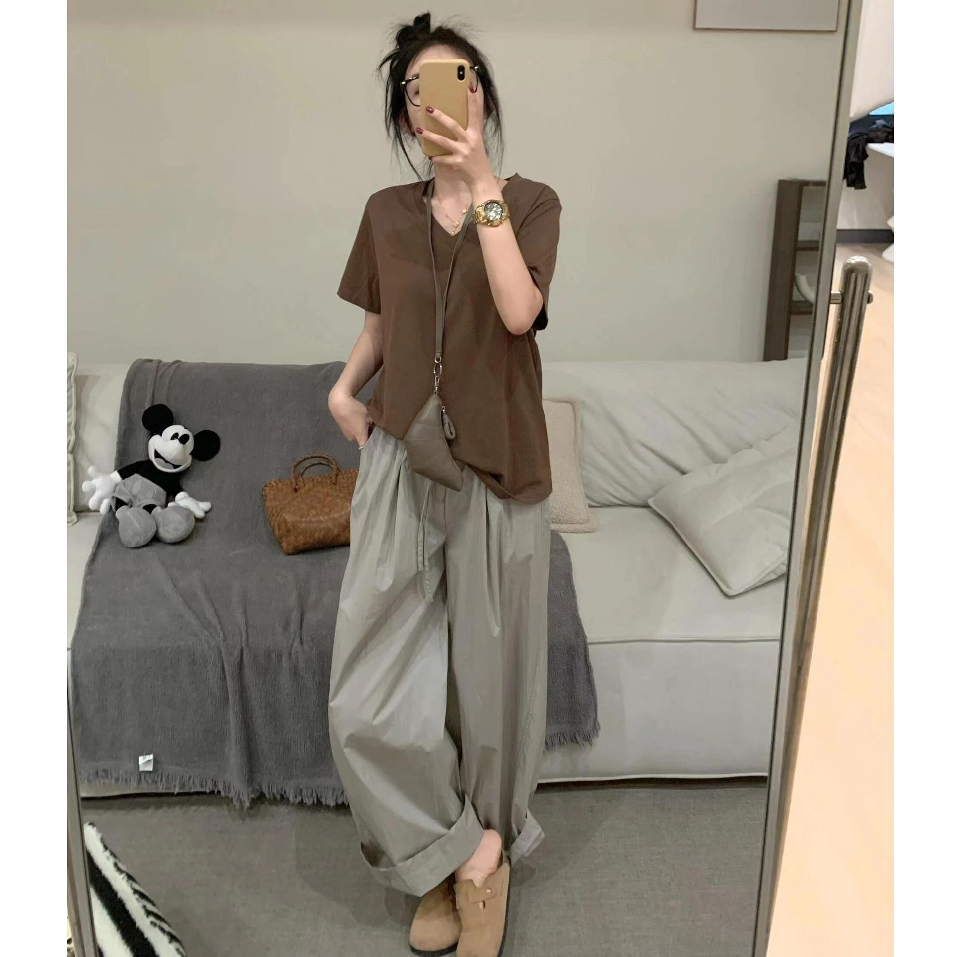 無地 Tシャツ レトロスタイル Vネック 半袖 Tシャツ