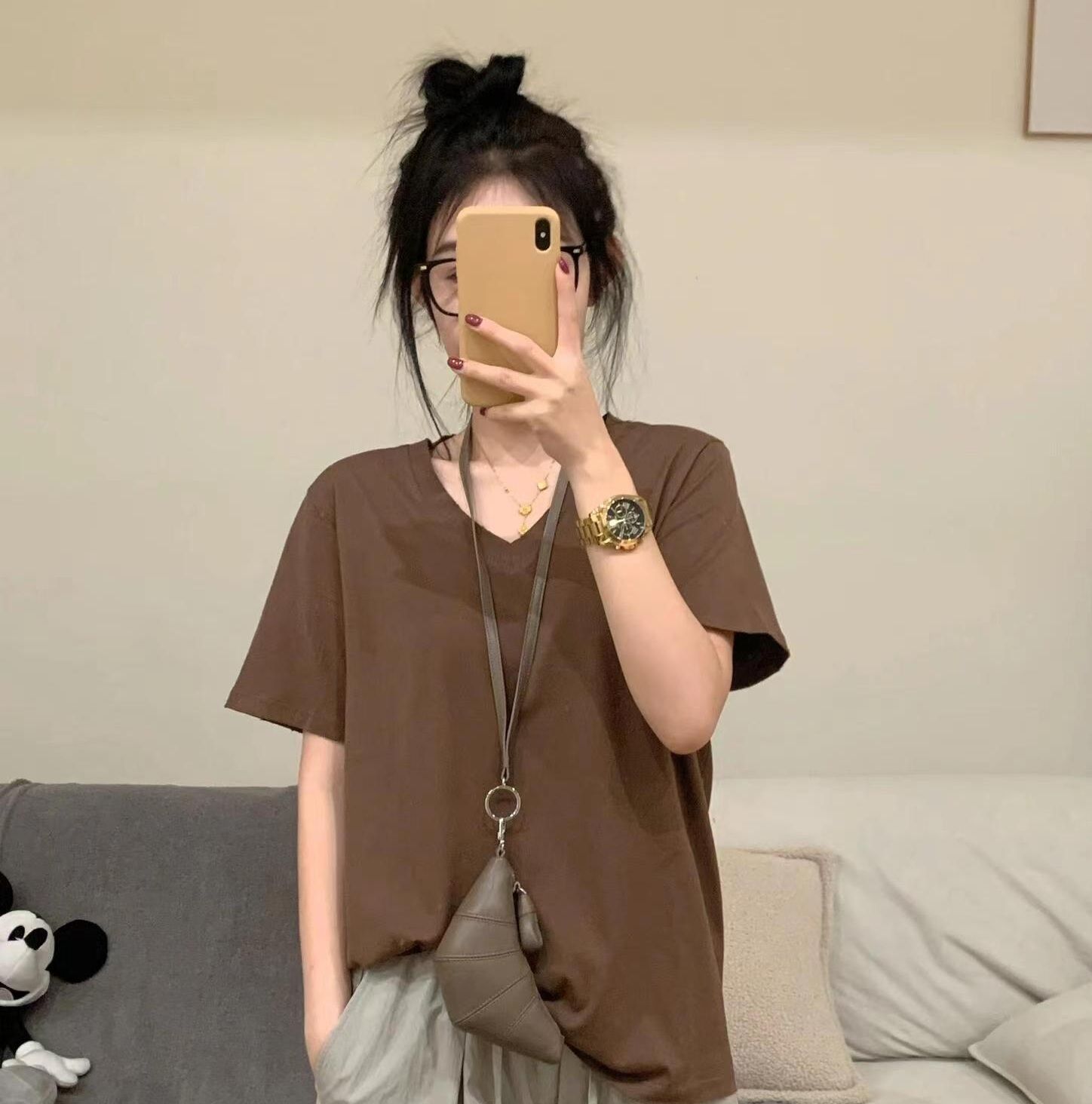 無地 Tシャツ レトロスタイル Vネック 半袖 Tシャツ