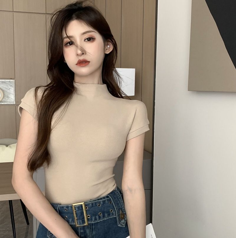 無地 Tシャツ シンプル半袖ハイネック無地Tシャツ