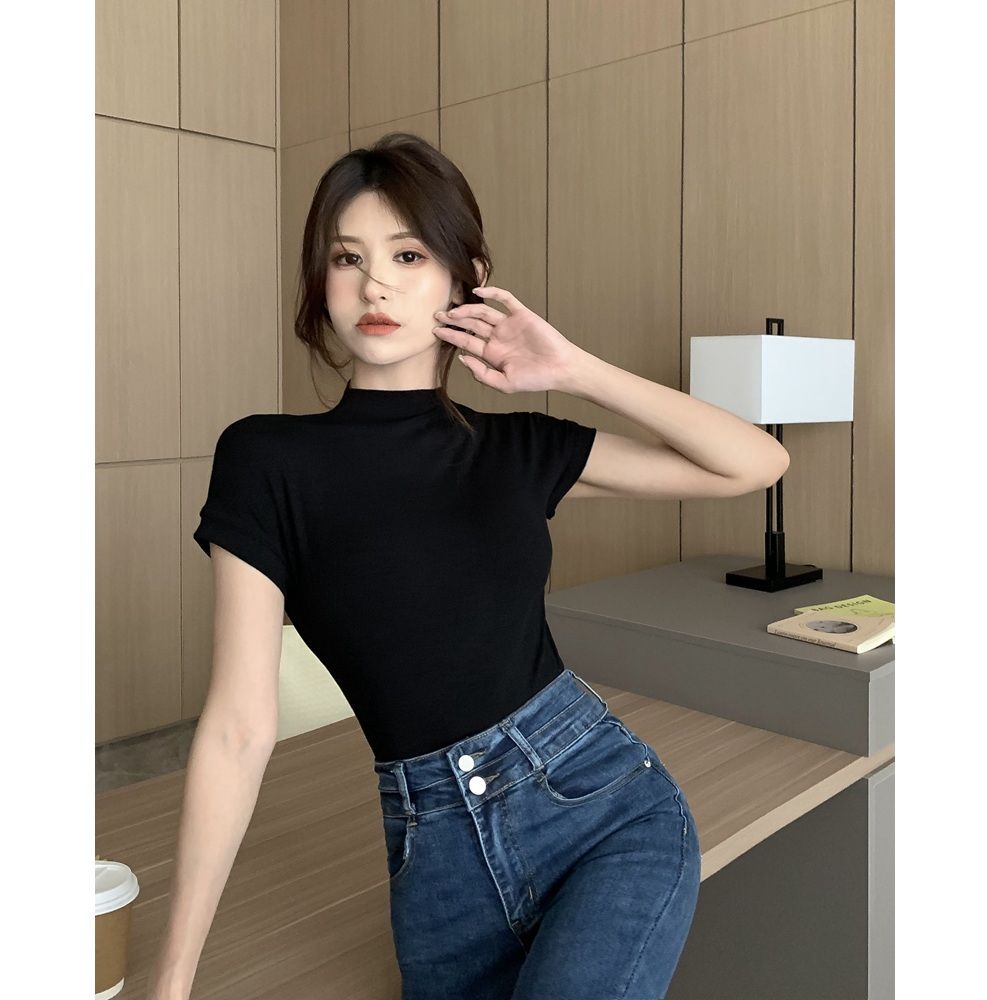 無地 Tシャツ シンプル半袖ハイネック無地Tシャツ