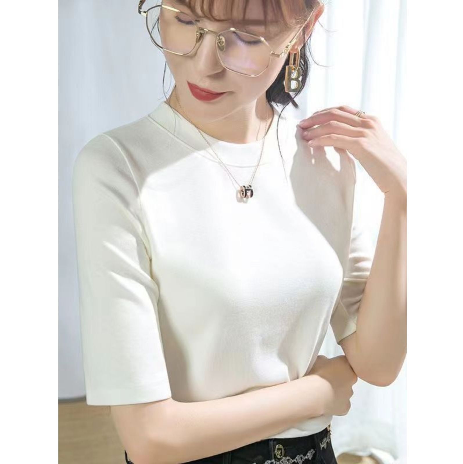 無地 Tシャツ シンプル五分袖インナーTシャツ