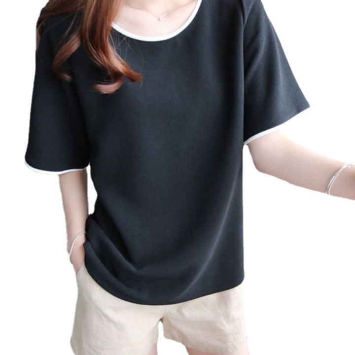 無地 Tシャツ ゆったり丸首パイピング半袖トップス