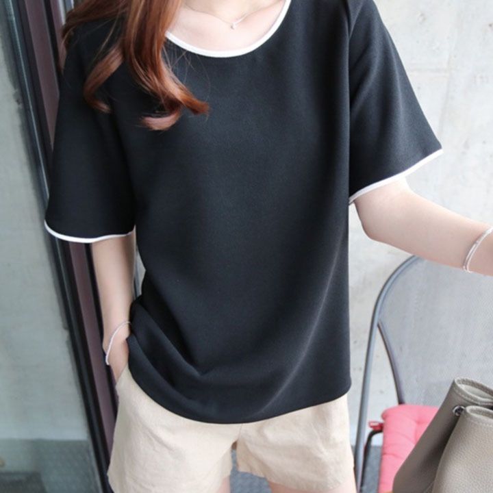 無地 Tシャツ ゆったり丸首パイピング半袖トップス