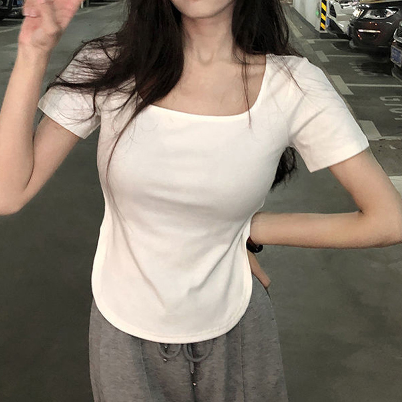 無地 Tシャツ スクエアネック シンプル半袖トップス