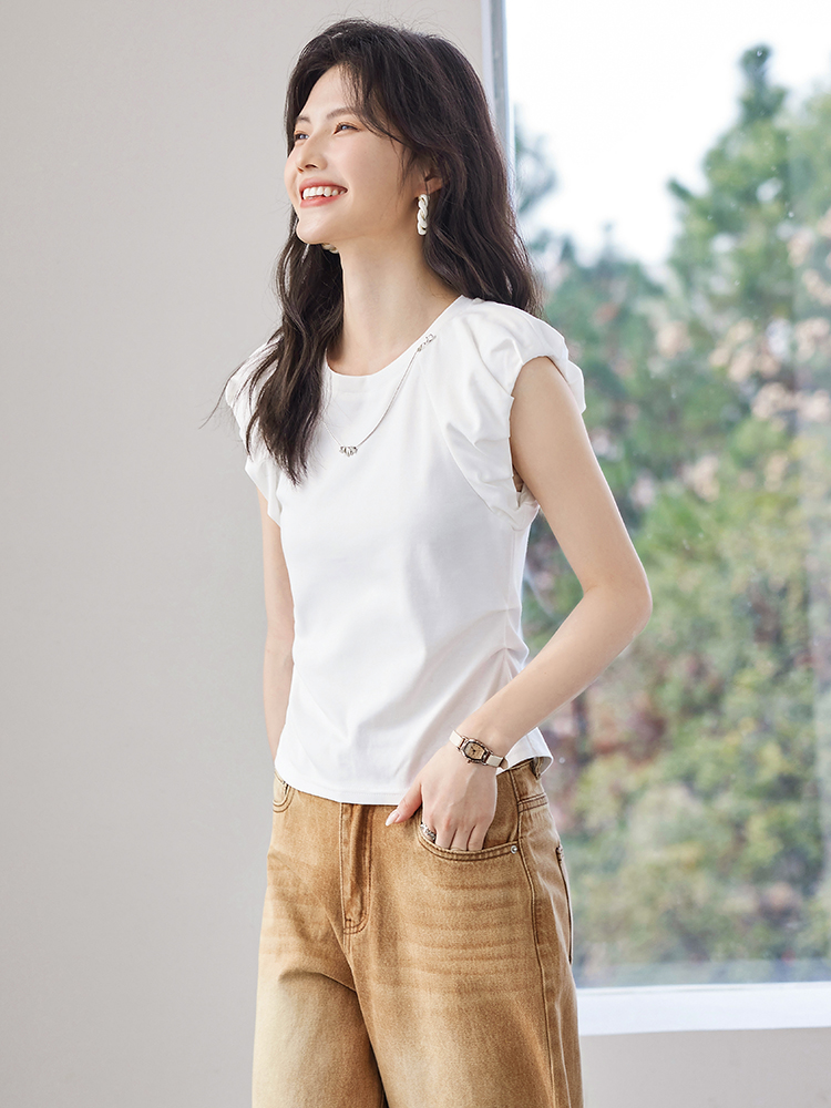 無地 Tシャツ 肩フリル デザイン 上質 無地Tシャツ