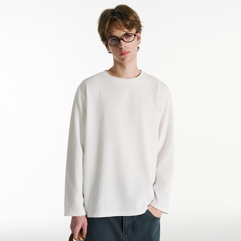 無地 Tシャツ 細リブ編み 長袖 シンプルプルオーバー