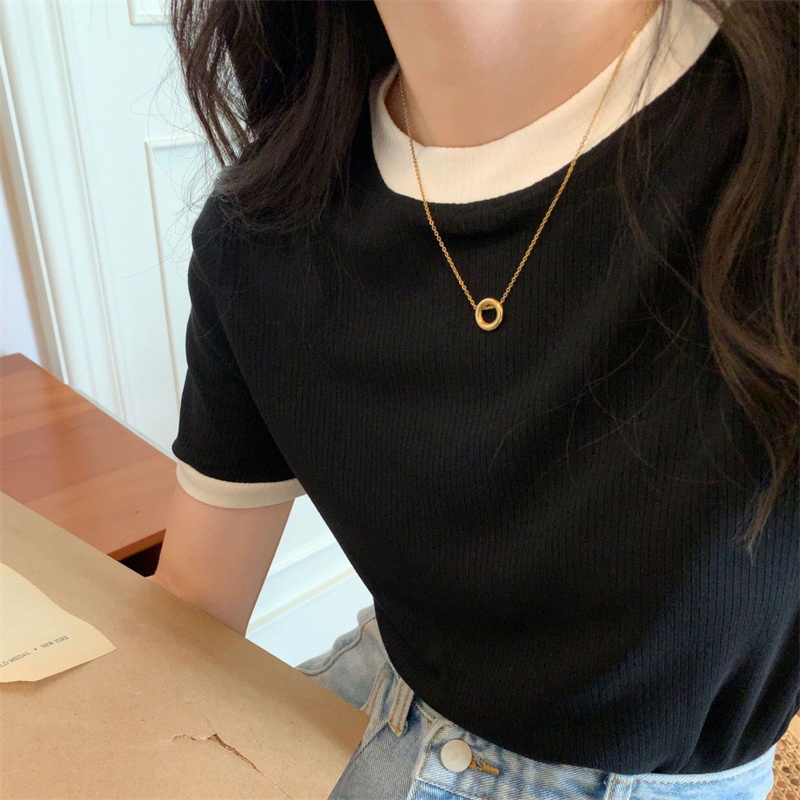 無地 Tシャツ リブ編み丸首半袖シンプル無地Tシャツ
