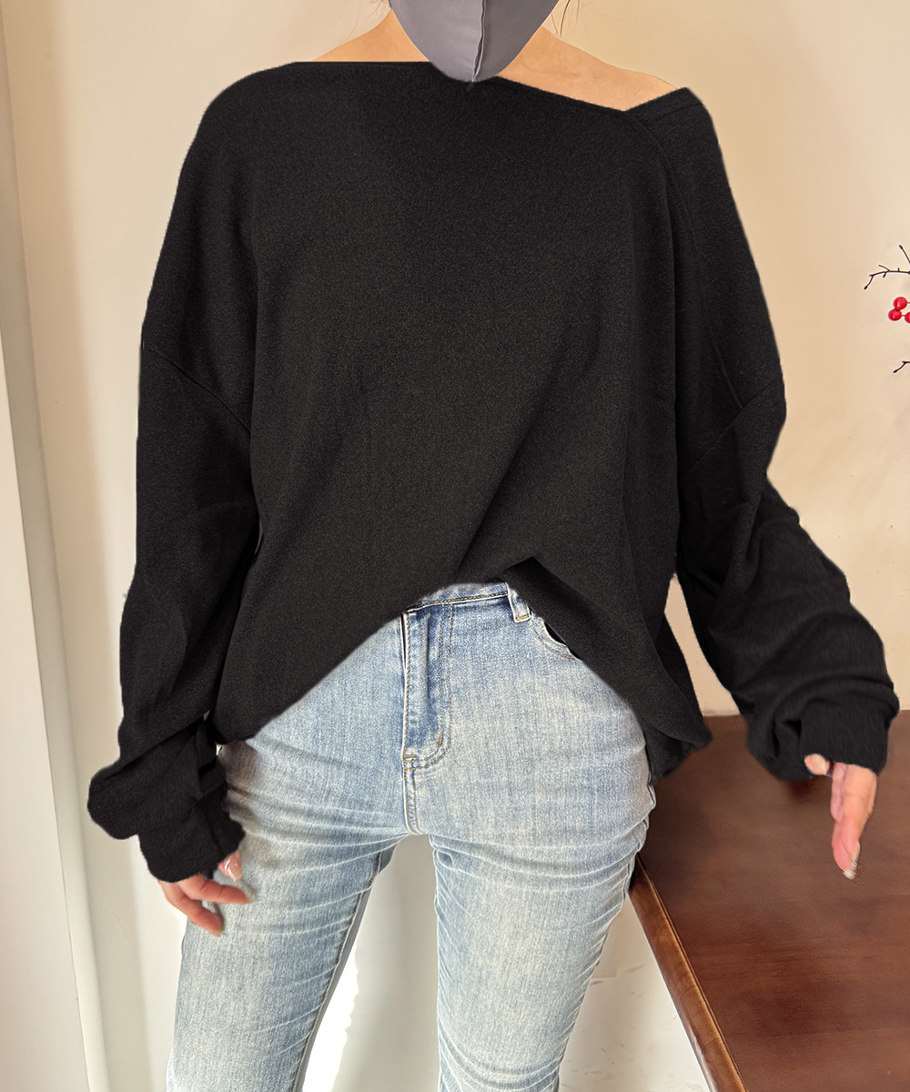 無地 Tシャツ 二通り着こなし無地長袖変形襟トップス