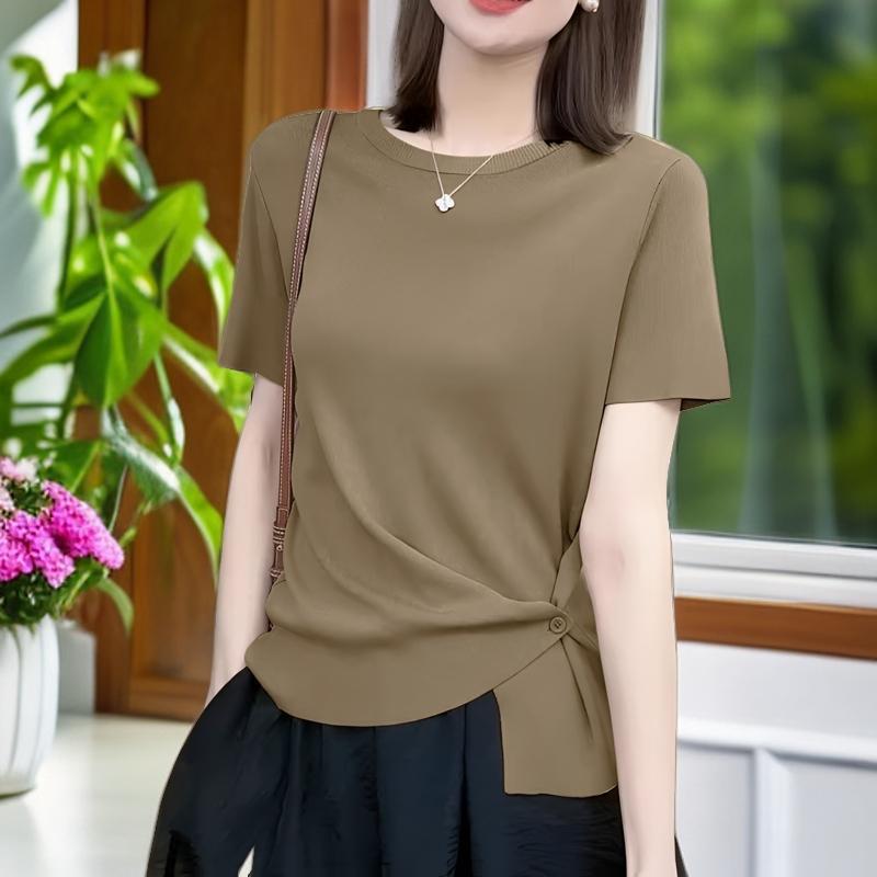 無地 Tシャツ サイドリボン ドレープ 半袖カットソー