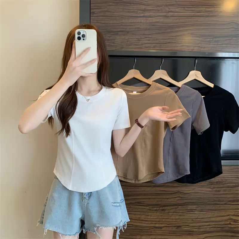 無地 Tシャツ シンプル丸首半袖レディース無地シャツ