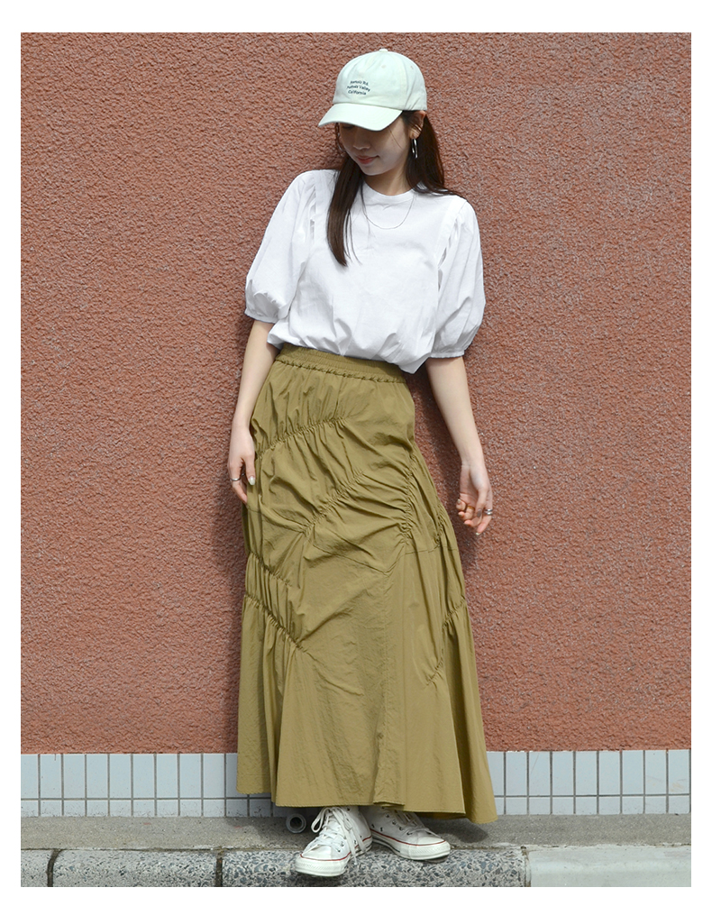無地 シャツ パフスリーブ クルーネック シャツ